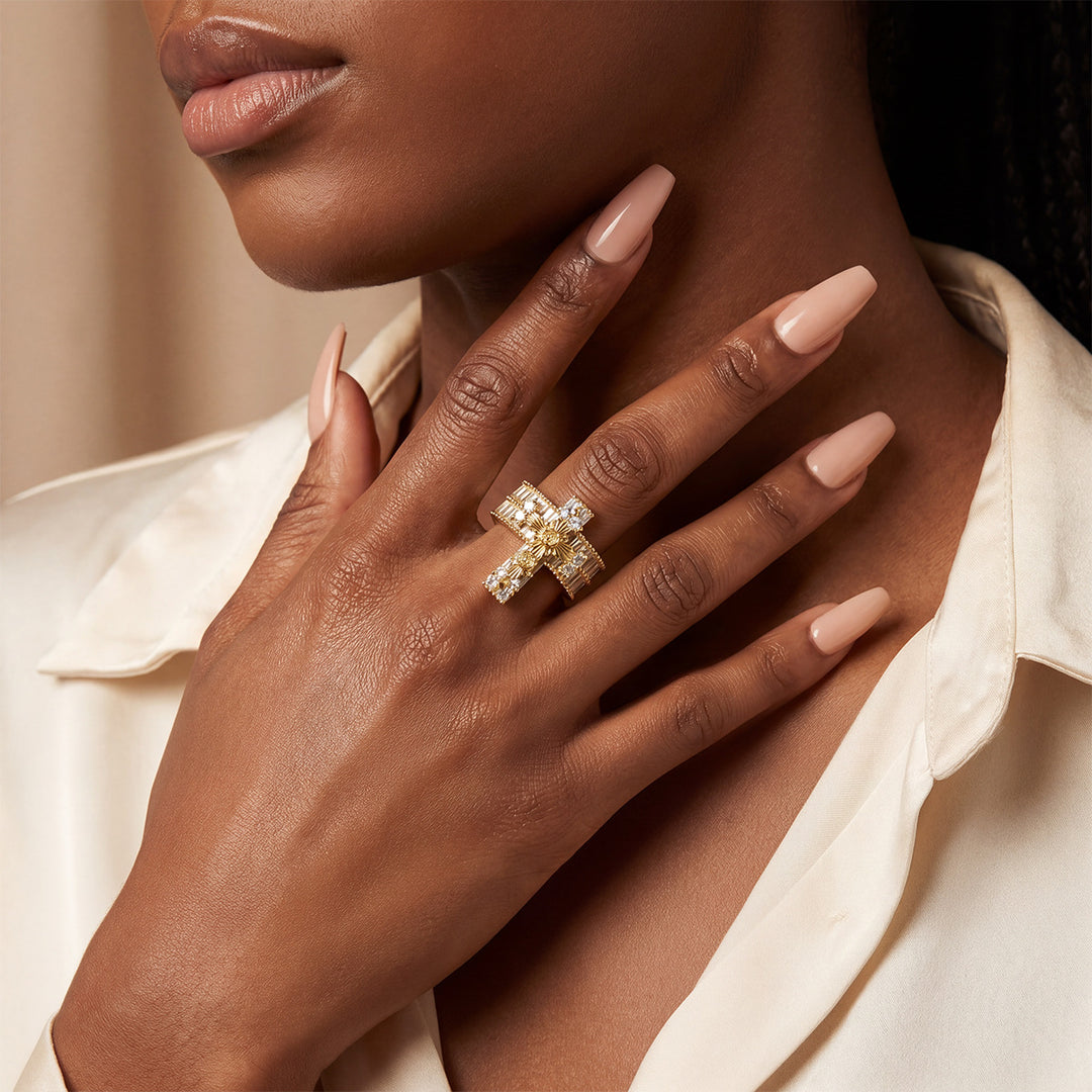 Cross Inlaid Zircon Statement Ring