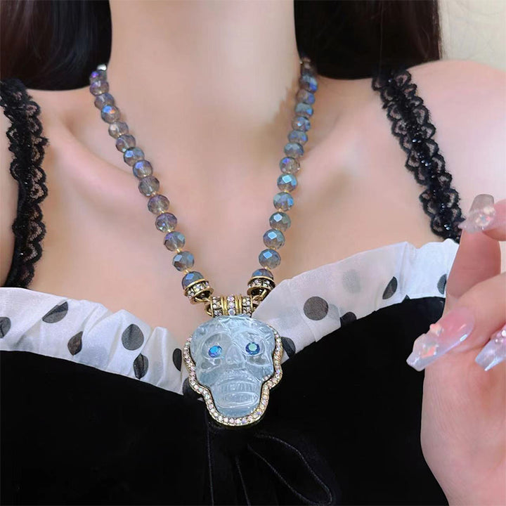 Natural crystal beaded skull pendant necklace