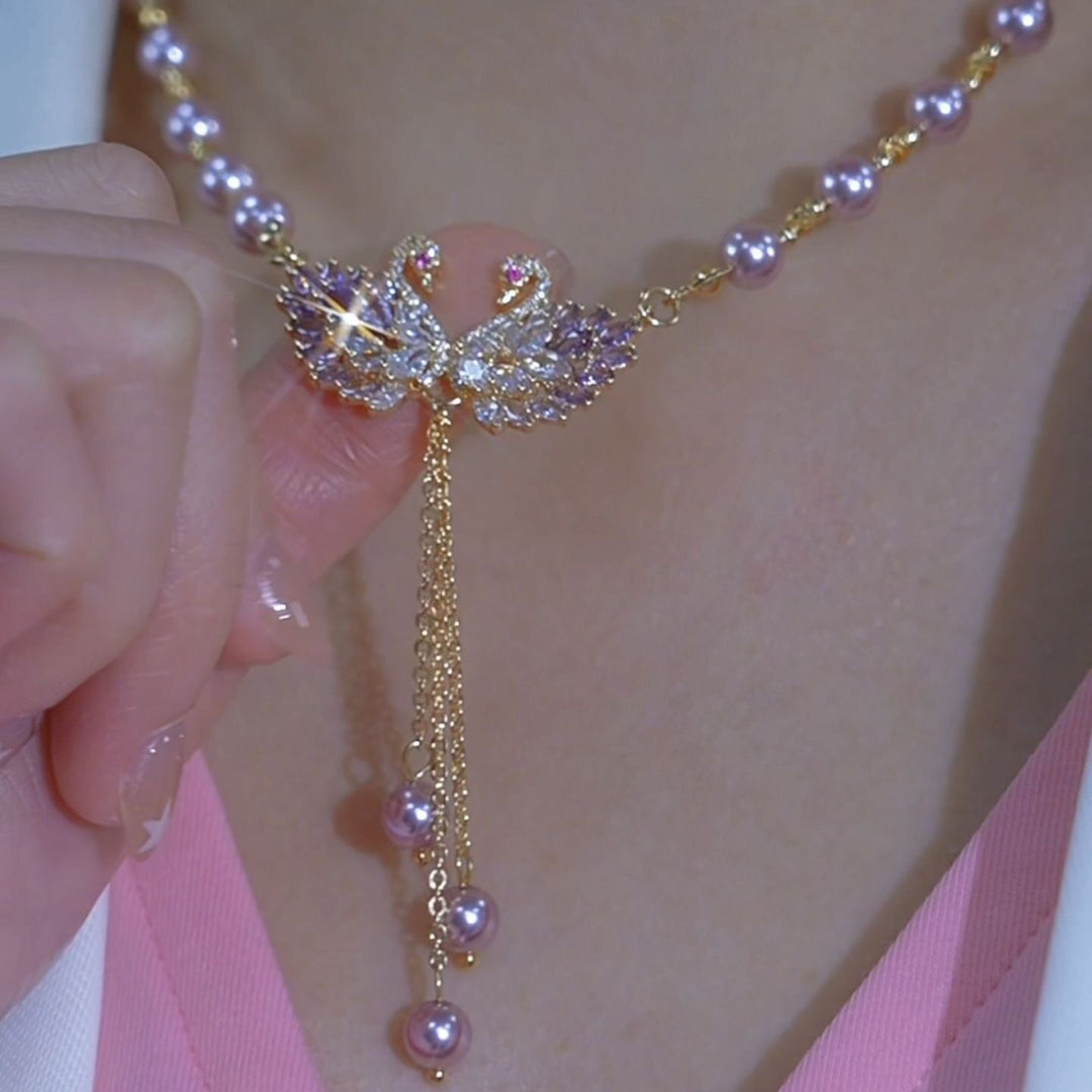 Twin Swan Pearl Tassel Necklace