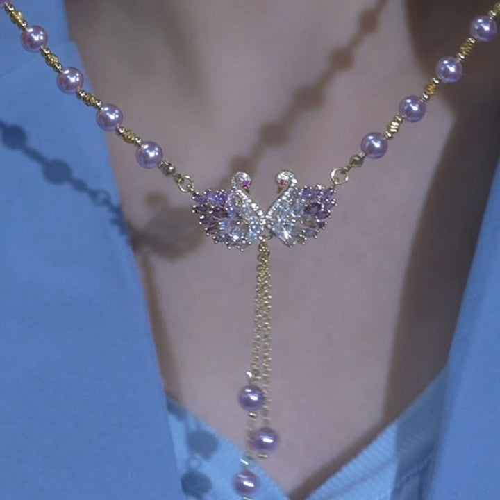 Twin Swan Pearl Tassel Necklace