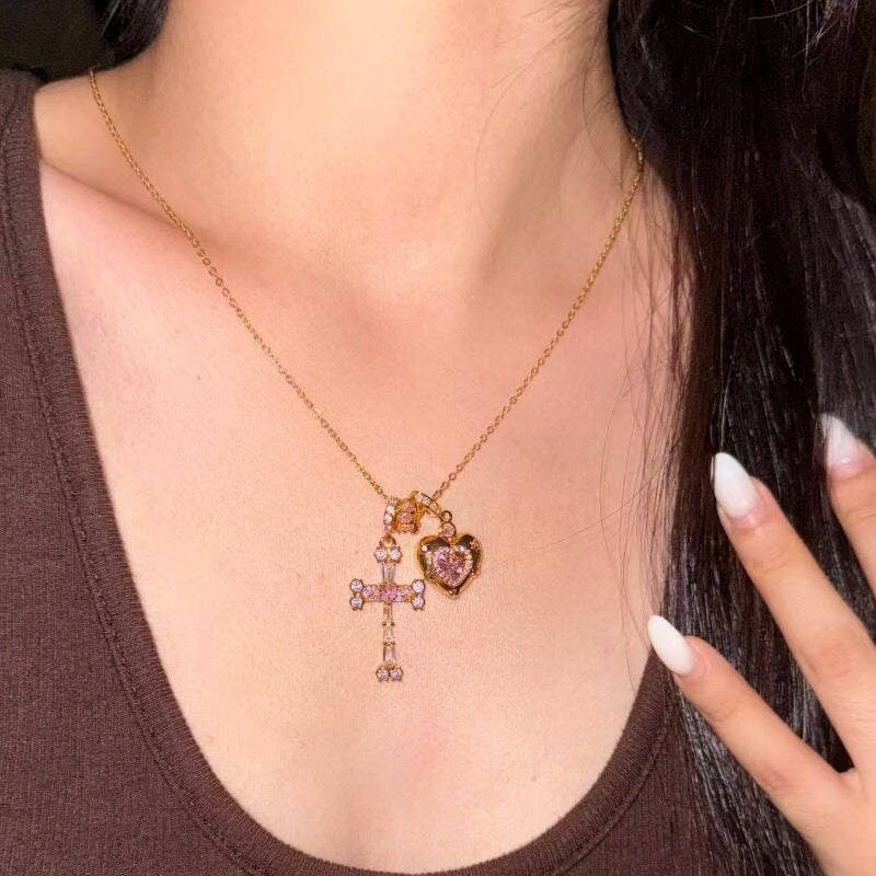 Sweet and cool pink diamond cross necklace
