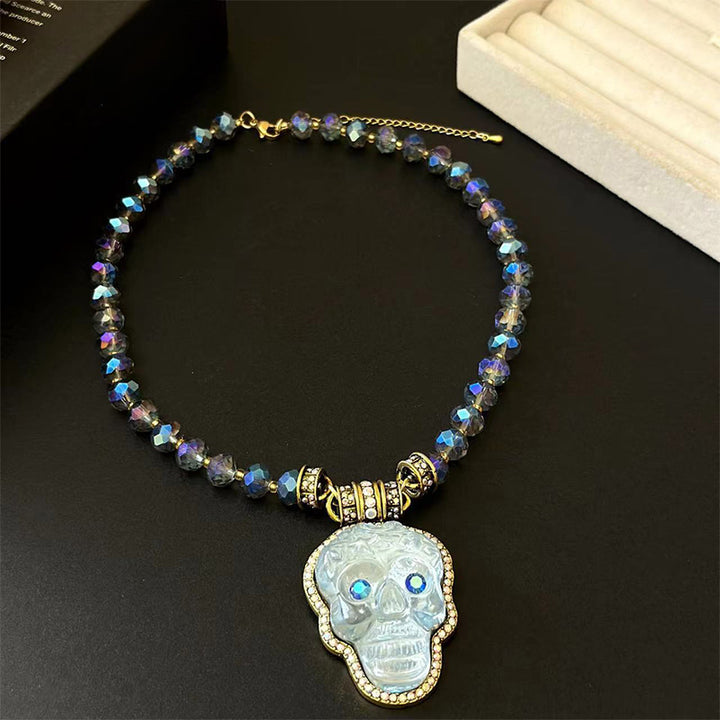 Natural crystal beaded skull pendant necklace