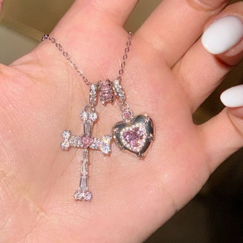 Sweet and cool pink diamond cross necklace