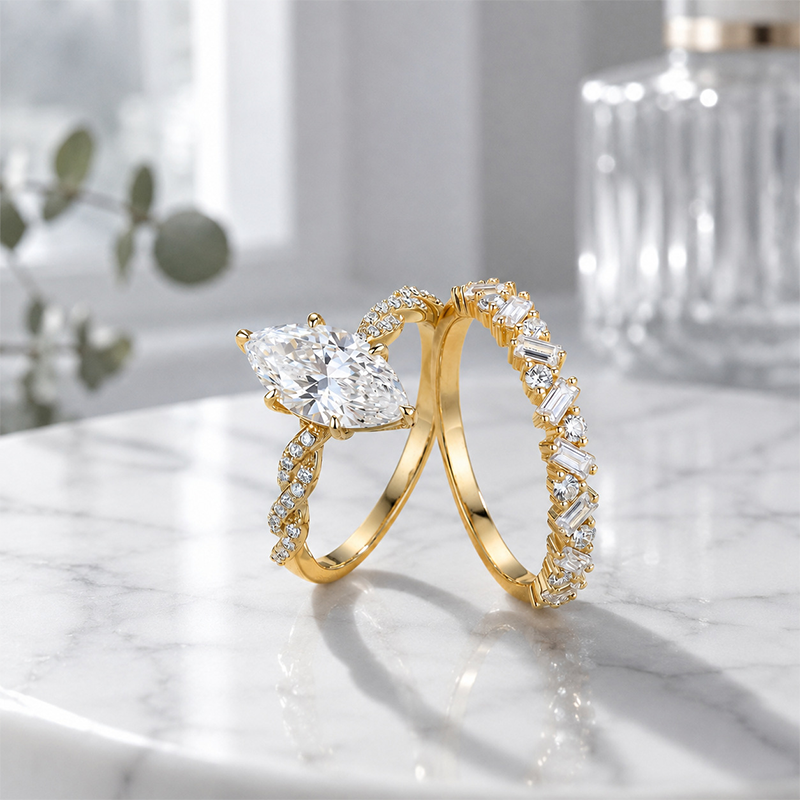 Two-piece ring set worn on a twisted arm