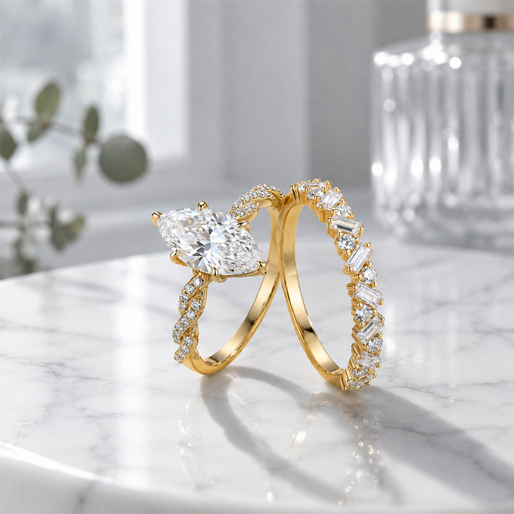 Two-piece ring set worn on a twisted arm