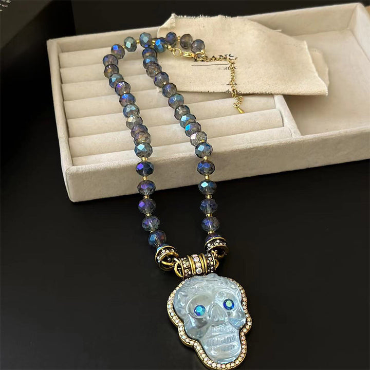 Natural crystal beaded skull pendant necklace