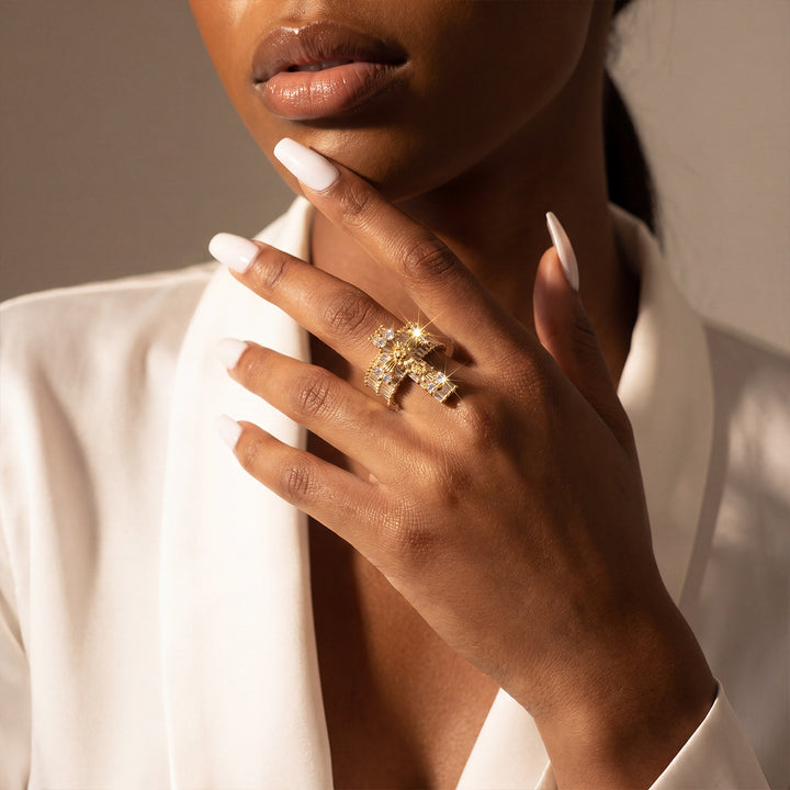 Cross Inlaid Zircon Statement Ring