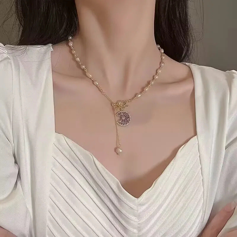 Half Moon Floral Zircon Necklace
