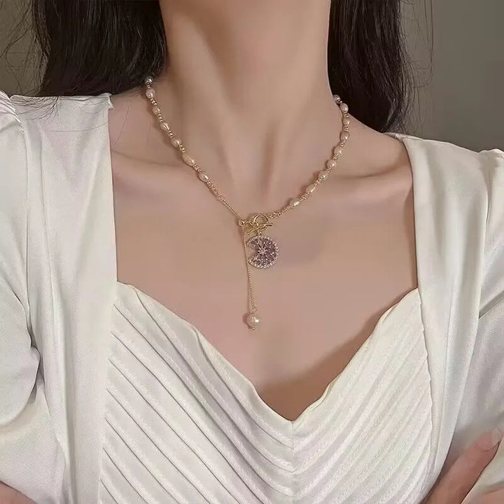 Half Moon Floral Zircon Necklace