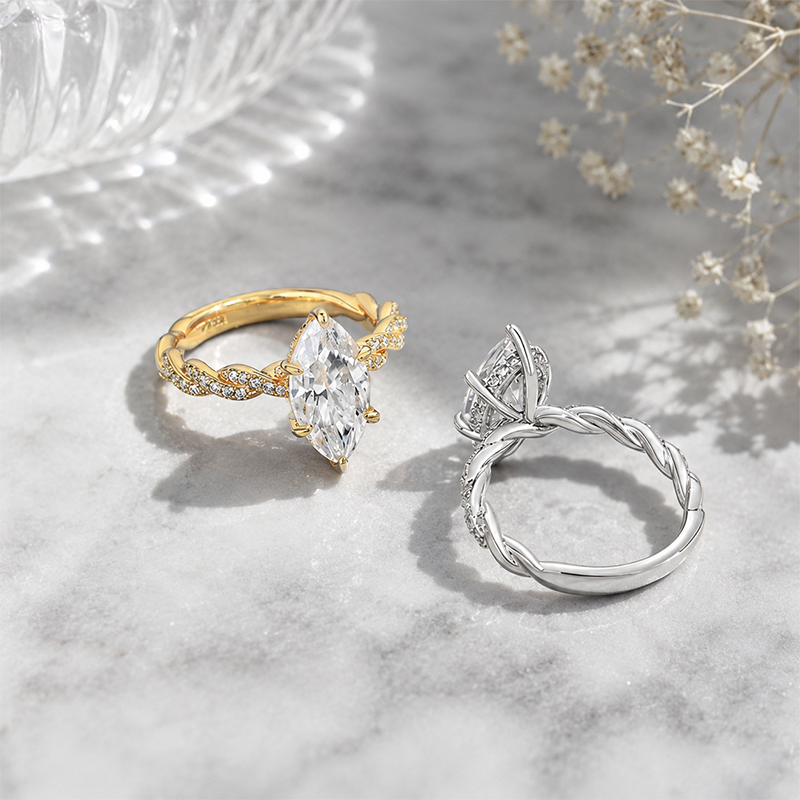 Two-piece ring set worn on a twisted arm