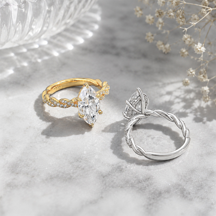 Two-piece ring set worn on a twisted arm