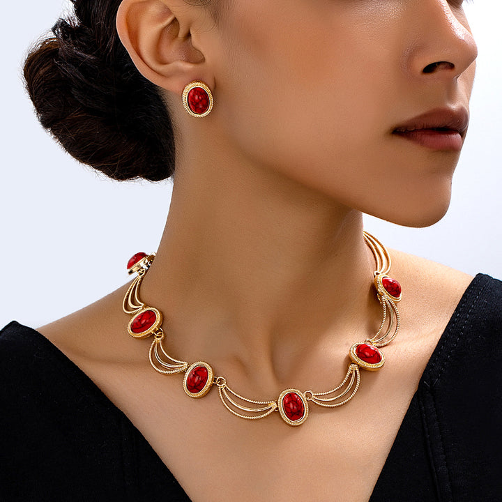 Oval Stone Necklace Earring Set