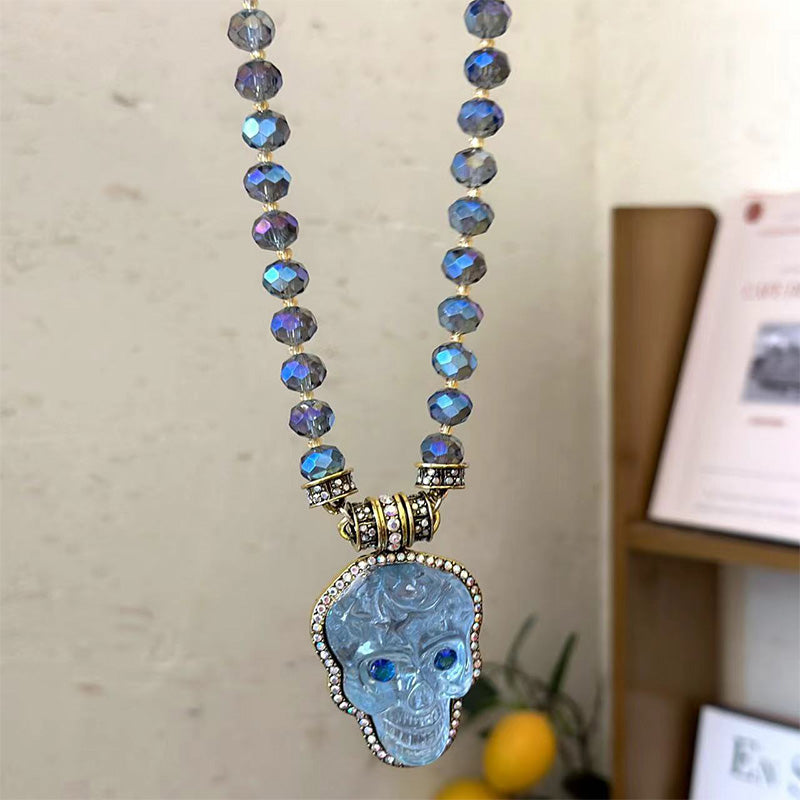 Natural crystal beaded skull pendant necklace
