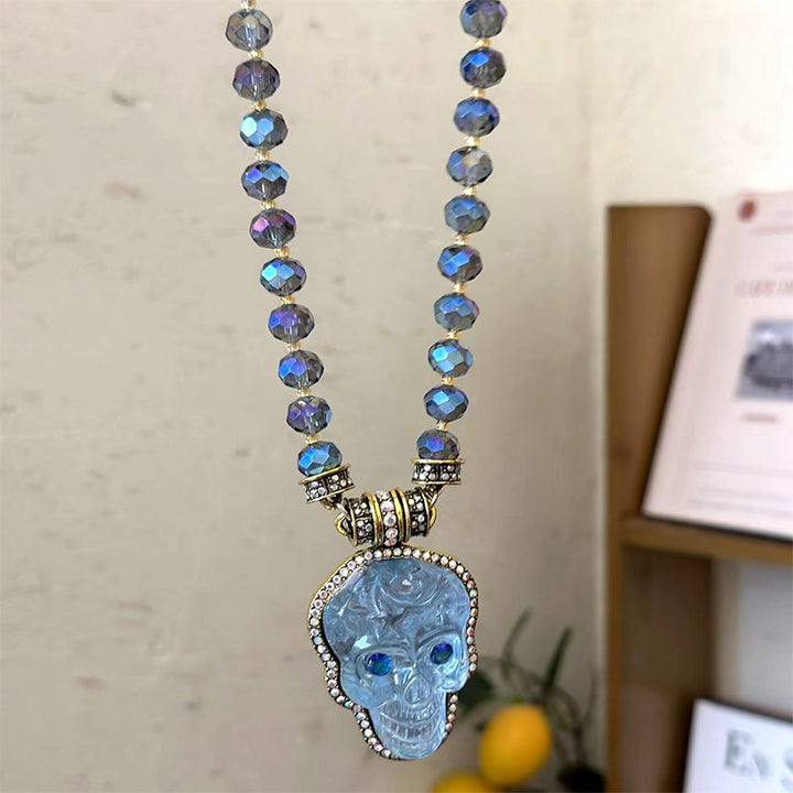 Natural crystal beaded skull pendant necklace
