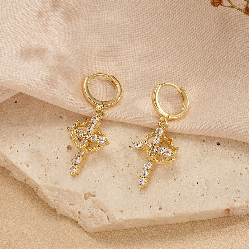 Paved Crystal Cross Crown Dangle Huggie Earrings