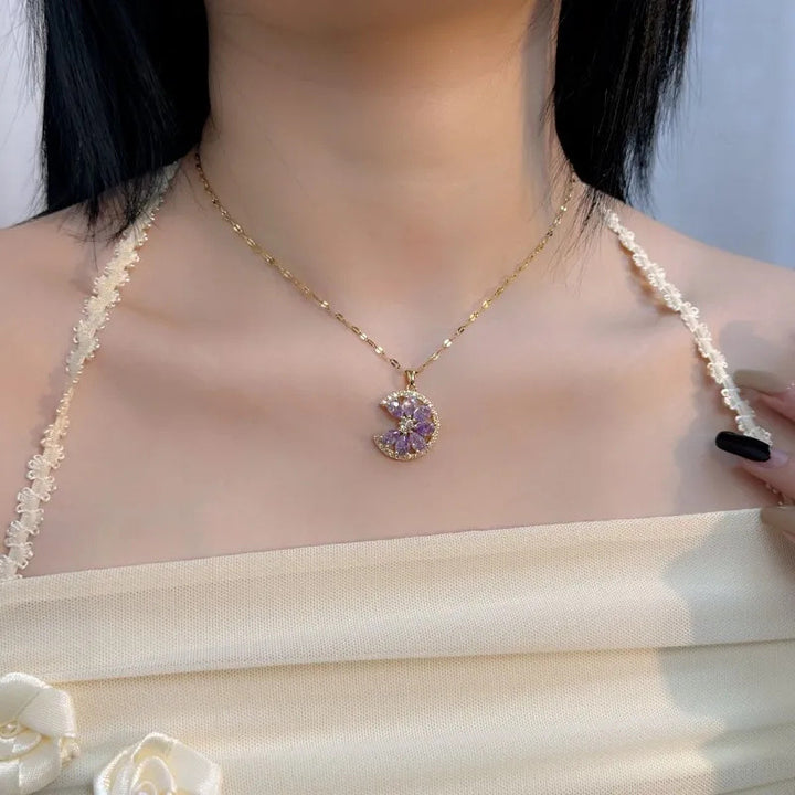 Half Moon Floral Zircon Necklace