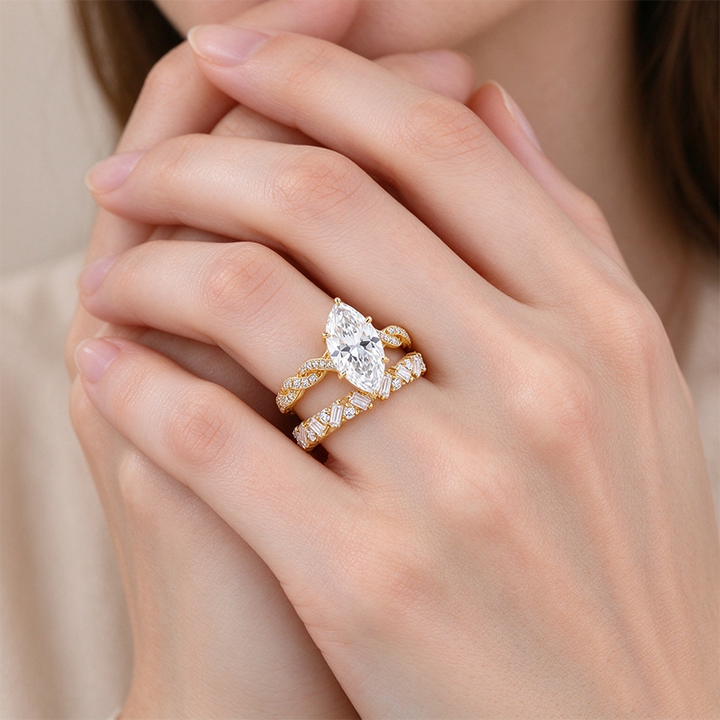 Two-piece ring set worn on a twisted arm