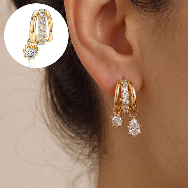 Multi-layered C-shaped teardrop zircon earrings
