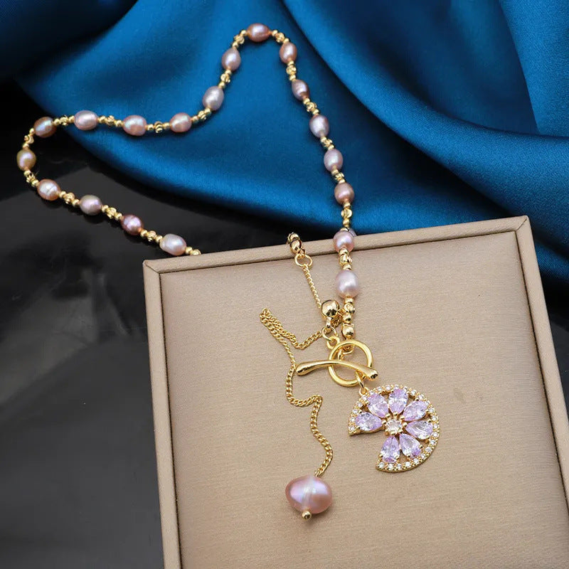 Half Moon Floral Zircon Necklace