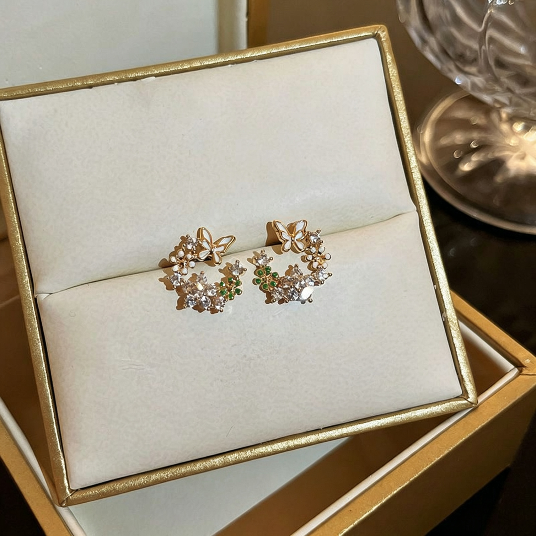 Floral Butterfly Zircon Ear Studs