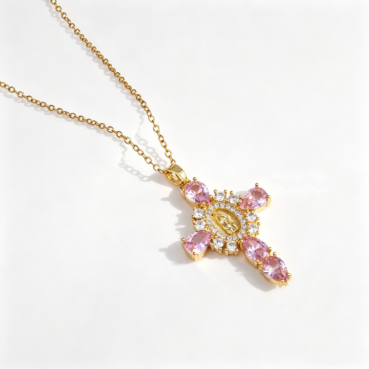 Crystal Virgin Mary Cross Pendant Necklace