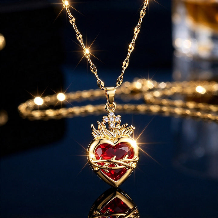Golden Heart Red Zircon Pendant Necklace