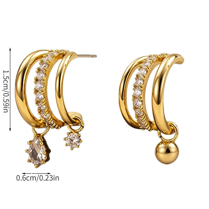 Multi-layered C-shaped teardrop zircon earrings