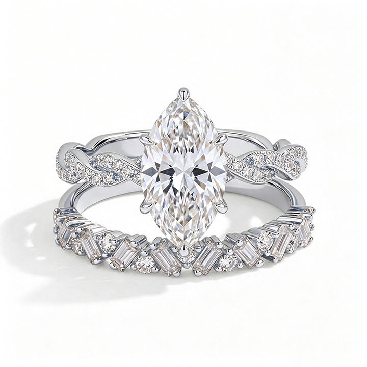 Two-piece ring set worn on a twisted arm