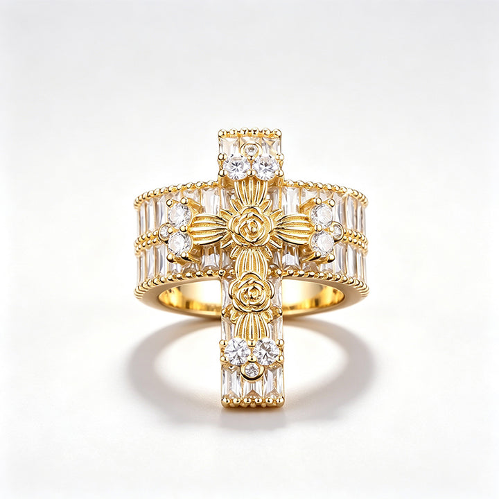 Cross Inlaid Zircon Statement Ring