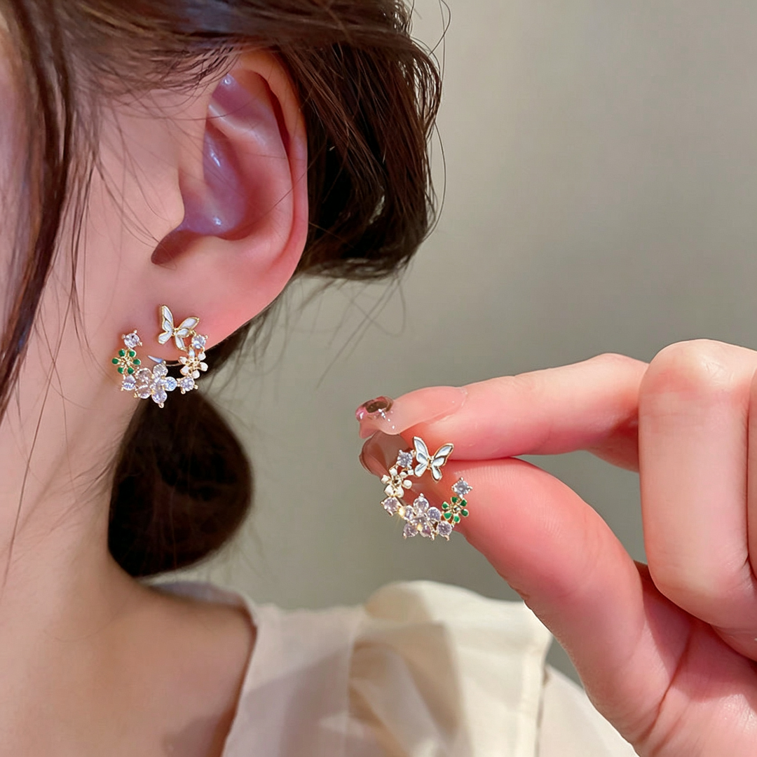 Floral Butterfly Zircon Ear Studs
