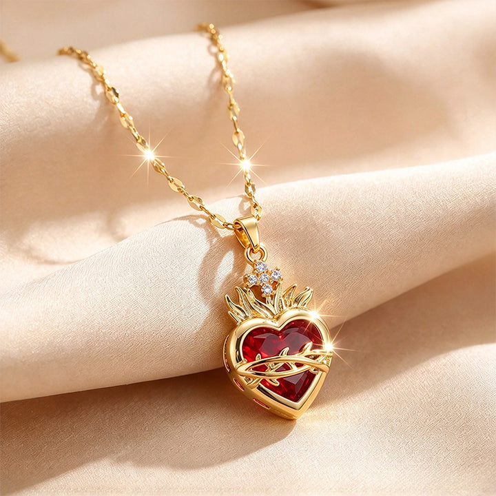 Golden Heart Red Zircon Pendant Necklace