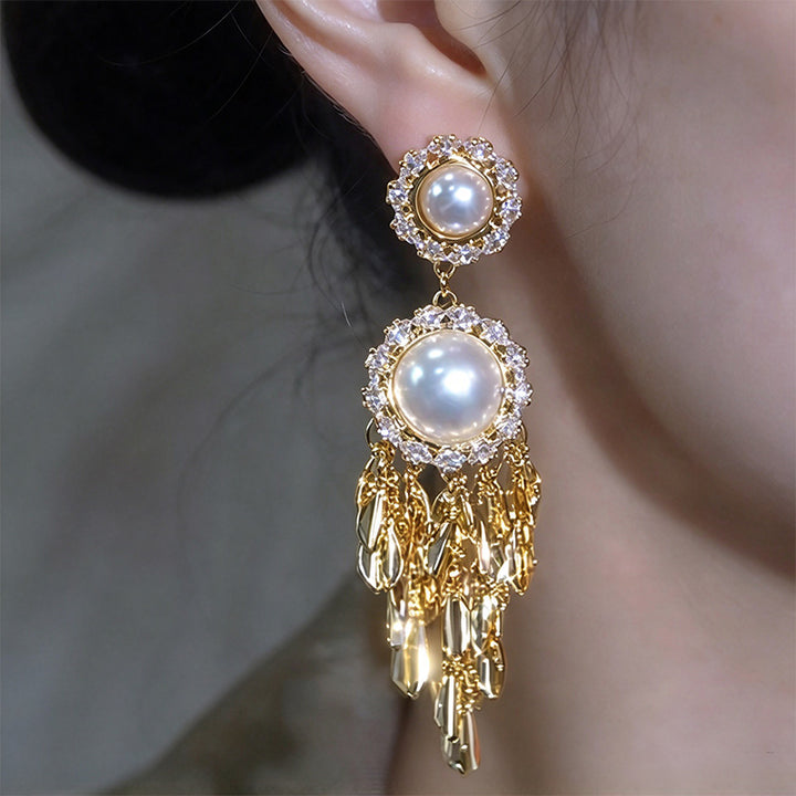 Pearl Leaf Tassel Earrings