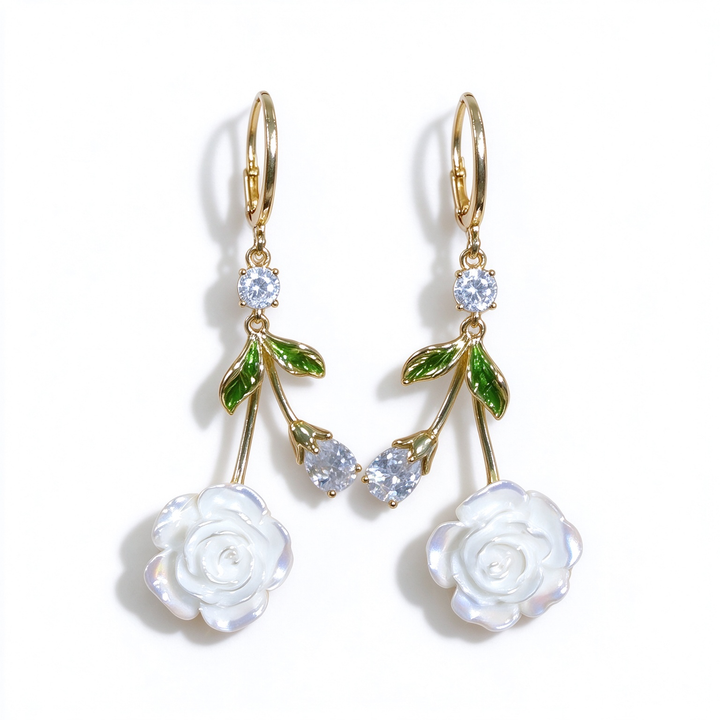 Rose Flower Leaf Drop Earring