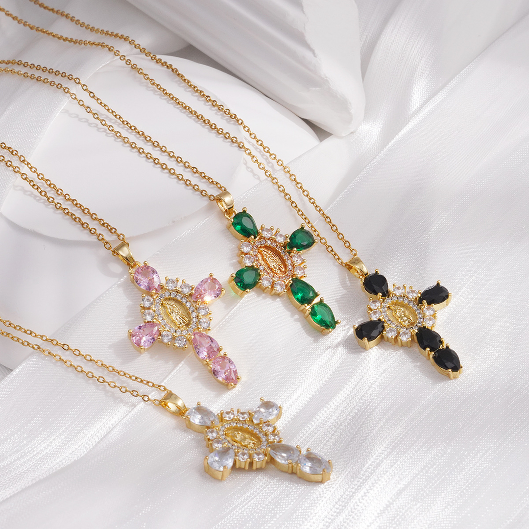Crystal Virgin Mary Cross Pendant Necklace