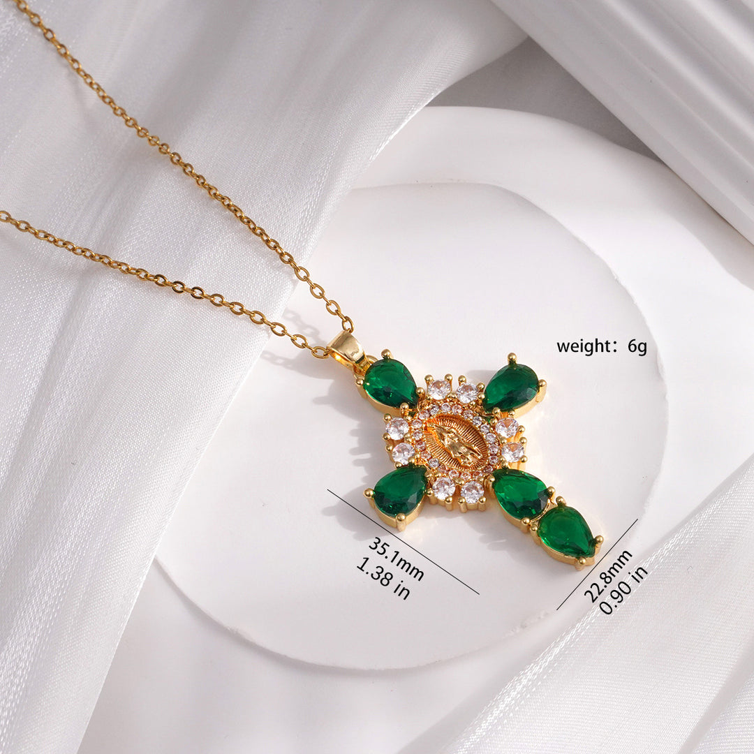 Crystal Virgin Mary Cross Pendant Necklace