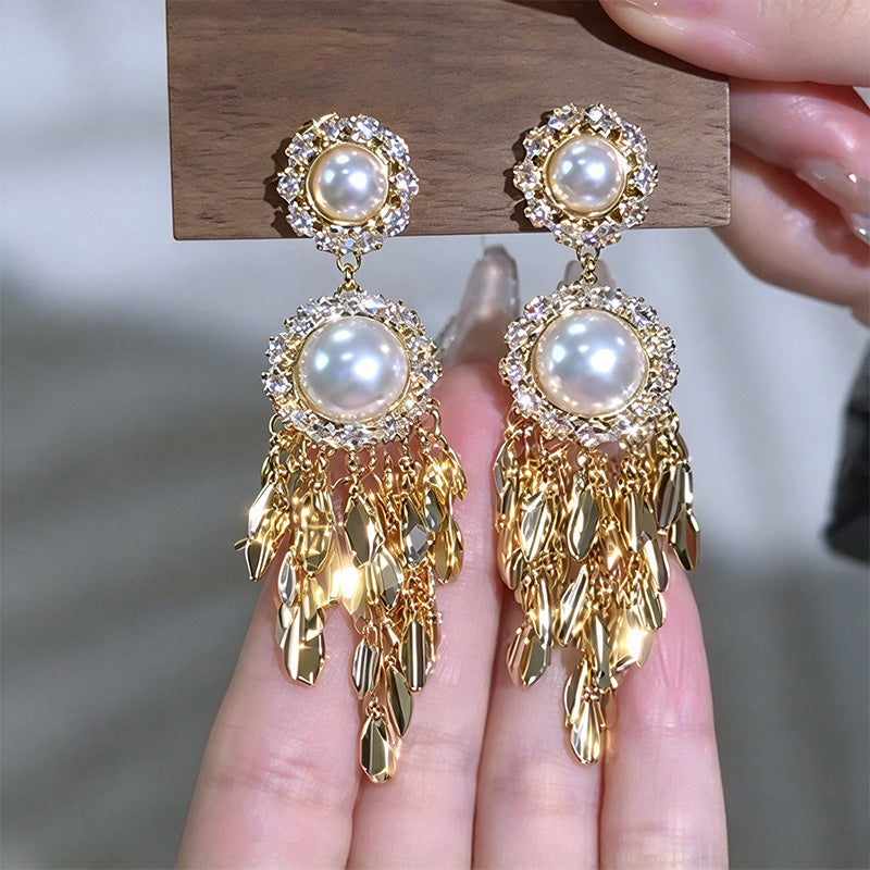 Pearl Leaf Tassel Earrings
