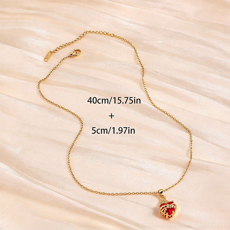 Golden Heart Red Zircon Pendant Necklace