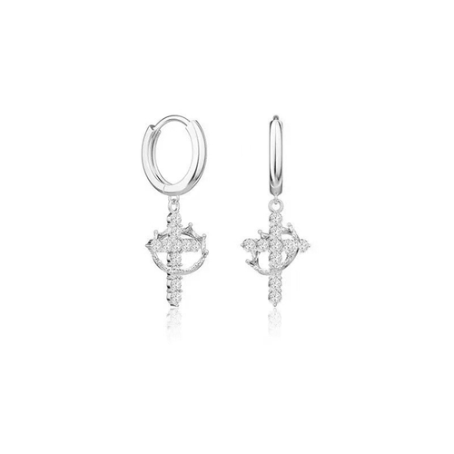 Paved Crystal Cross Crown Dangle Huggie Earrings