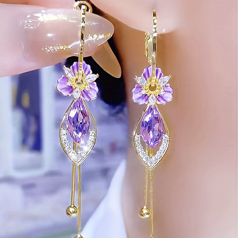 Purple zircon flower tassel earrings