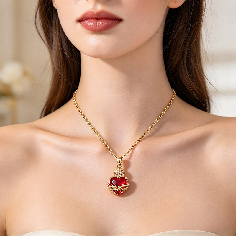 Golden Heart Red Zircon Pendant Necklace