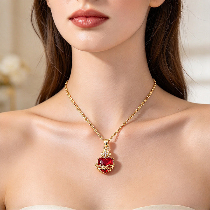 Golden Heart Red Zircon Pendant Necklace