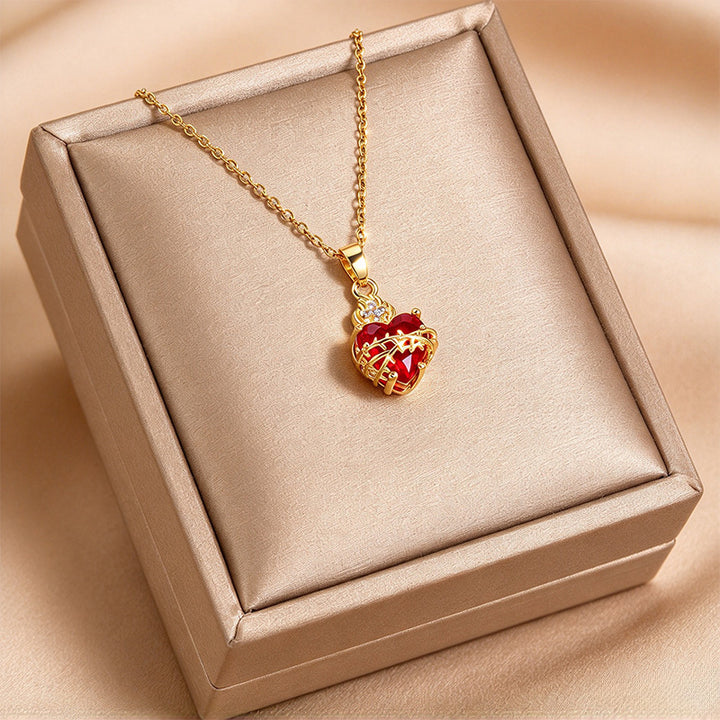 Golden Heart Red Zircon Pendant Necklace