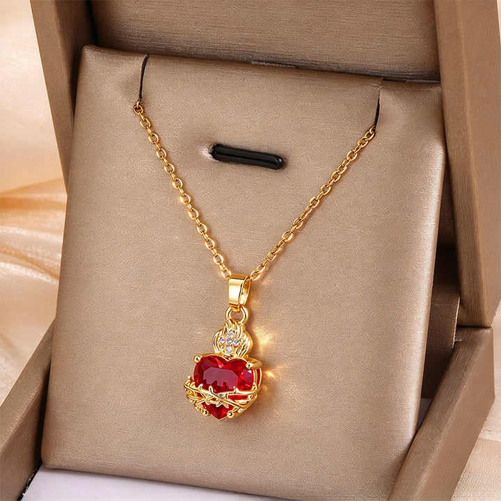 Golden Heart Red Zircon Pendant Necklace