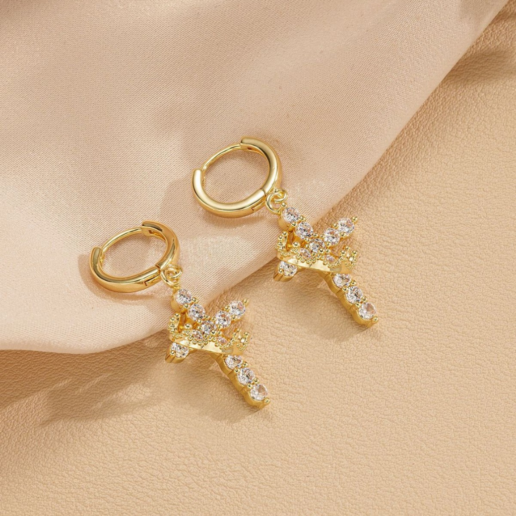 Paved Crystal Cross Crown Dangle Huggie Earrings