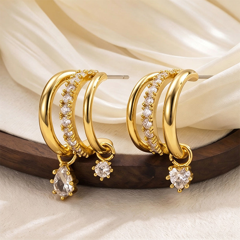 Multi-layered C-shaped teardrop zircon earrings
