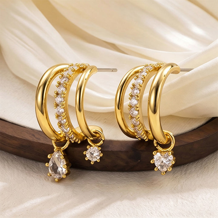 Multi-layered C-shaped teardrop zircon earrings