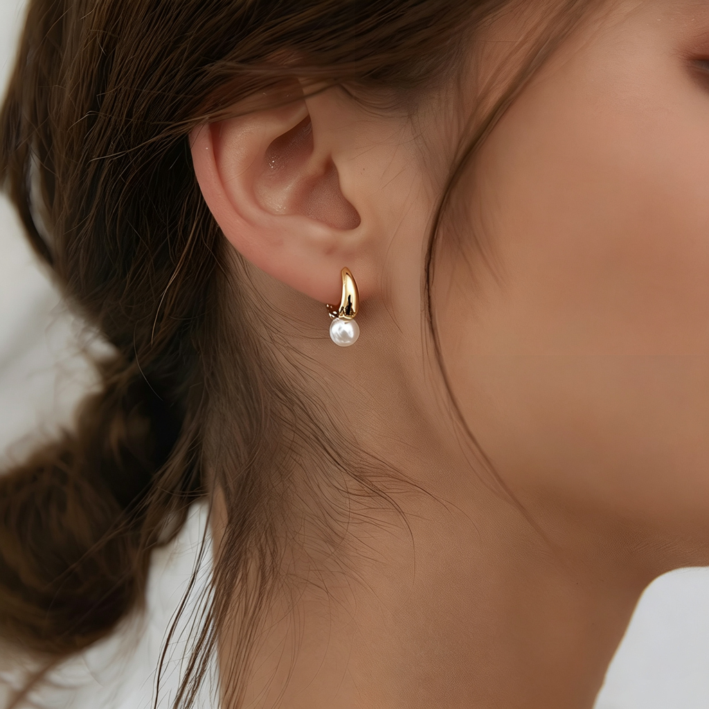 Dainty Pearl Drop Huggie Hoop Earrings