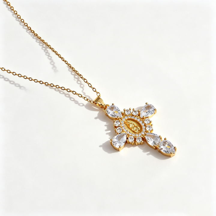 Crystal Virgin Mary Cross Pendant Necklace