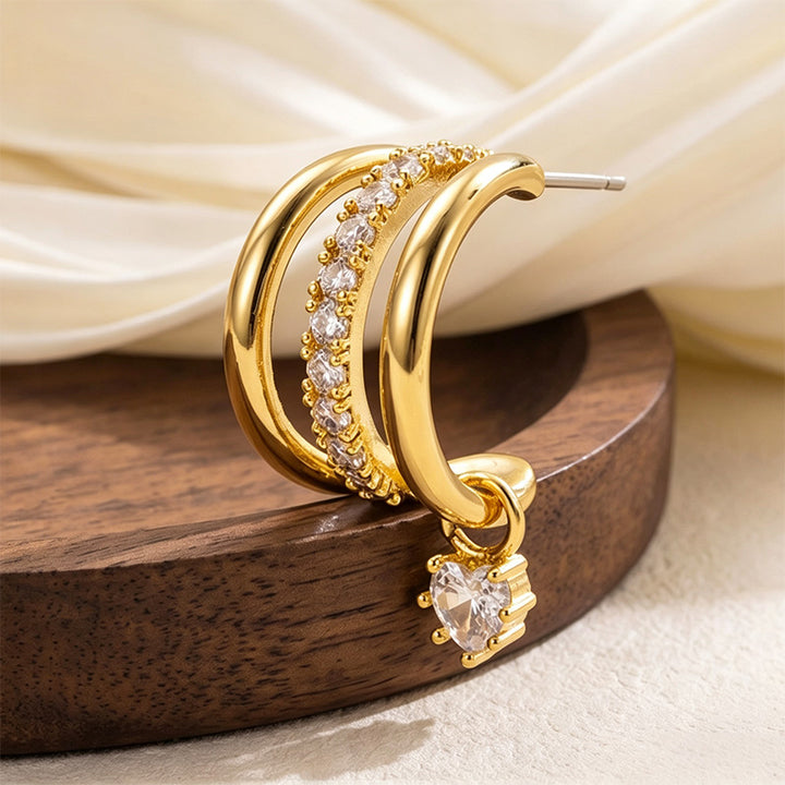 Multi-layered C-shaped teardrop zircon earrings