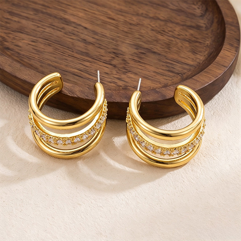 Multi-layered C-shaped teardrop zircon earrings